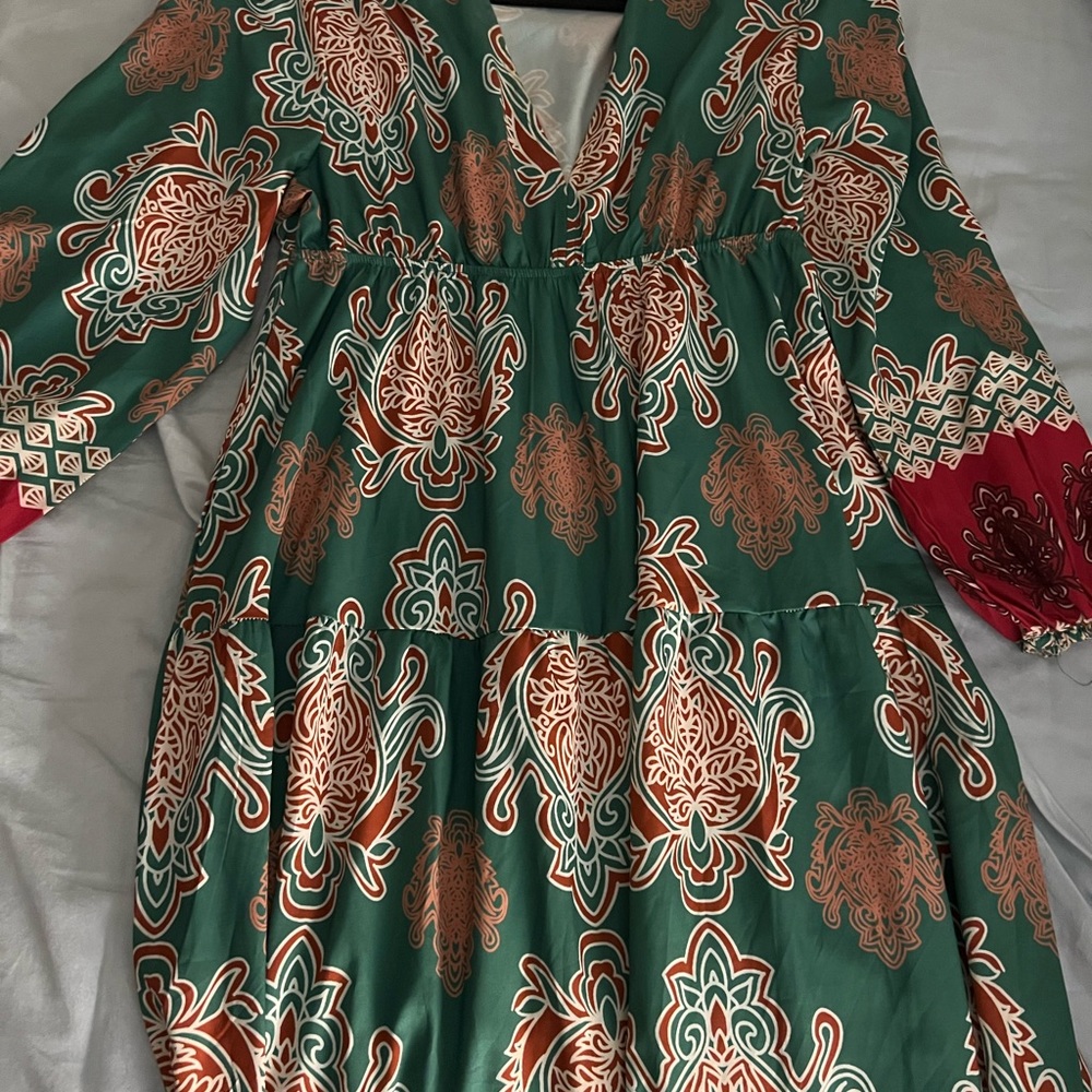Bohemian Green and Red Patterned Dress